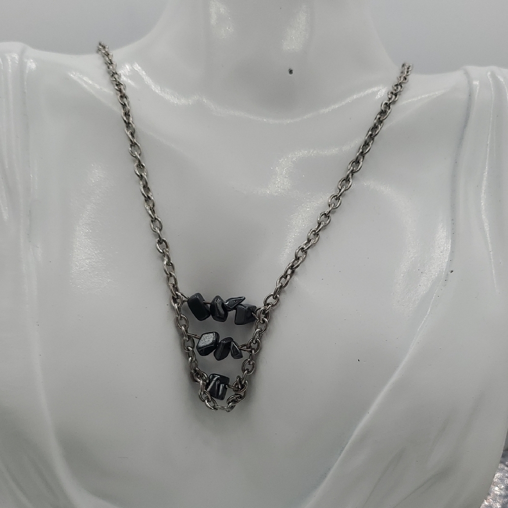 Elegant Silver Tone Grunge Hematite Patch Necklace N3827 34 Inch